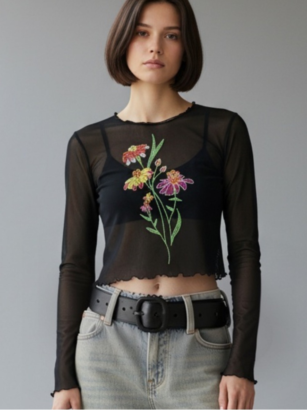 Urban Outfitters black cropped mesh floral embroidered top size medium